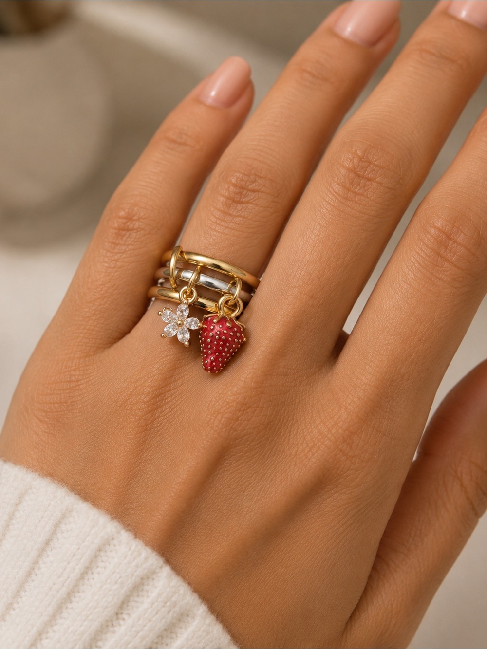 Strawberry Charm Ring Gold Stackable Statement Fashion Ring